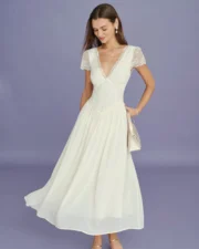 Apricot V Neck Lace Splicing Maxi Dress - Image 6