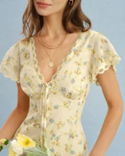 Yellow V Neck Lace Floral Maxi Dress - Image 2