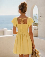 Yellow Square Neck Tie Button Mini Dress - Image 3