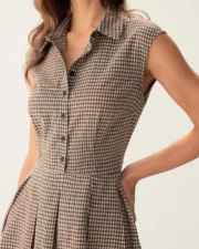 Brown Plaid Button Pleated Midi Dress - Image 2