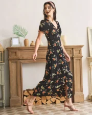 The Black V Neck Floral Short Sleeve Maxi Dress - Image 8
