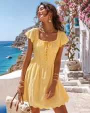 Yellow Square Neck Tie Button Mini Dress - Image 2