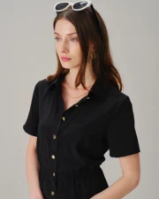 Black Collar Button Pockets Mini Dress - Image 4