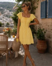 Yellow Square Neck Tie Button Mini Dress - Image 5