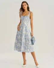 Blue Floral Ruched Slip Midi Dress - Image 2