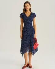 Navy Polka Dot Cap Sleeve Midi Dress - Image 4