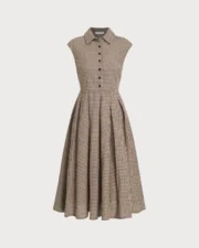 Brown Plaid Button Pleated Midi Dress - Image 6
