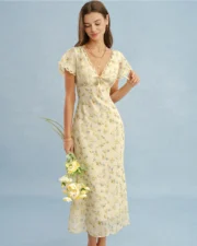 Yellow V Neck Lace Floral Maxi Dress - Image 3