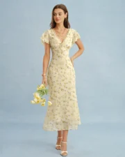 Yellow V Neck Lace Floral Maxi Dress - Image 4
