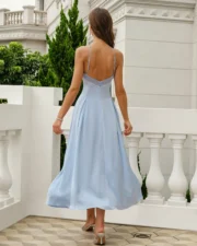Blue Halter Contrasting Satin Maxi Dress - Image 6