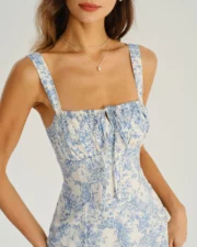Blue Floral Ruched Slip Midi Dress - Image 3