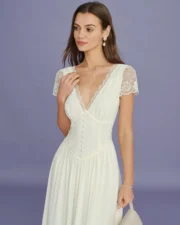 Apricot V Neck Lace Splicing Maxi Dress - Image 2