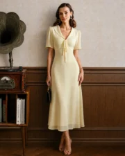 Yellow V Neck Tie Tunic Maxi Dress