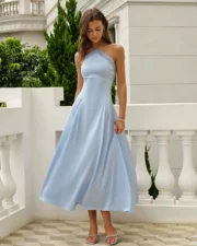 Blue Halter Contrasting Satin Maxi Dress - Image 4