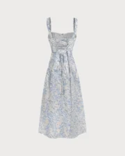 Blue Floral Ruched Slip Midi Dress - Image 8