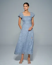 Blue Floral Square Neck Midi Dress - Image 8