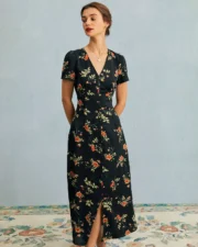 The Black V Neck Floral Short Sleeve Maxi Dress - Image 4