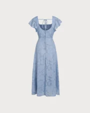 Blue Floral Square Neck Midi Dress - Image 4