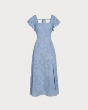 Blue Floral Square Neck Midi Dress - Image 3