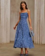 Blue Jacquard Ruched Slip Maxi Dress - Image 5