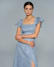 Blue Floral Square Neck Midi Dress - Image 6