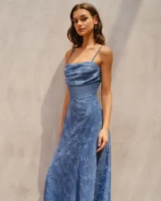 Blue Jacquard Ruched Slip Maxi Dress - Image 2