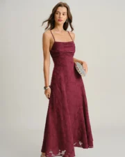 Wine Red Jacquard Slip Maxi Dress - Image 3
