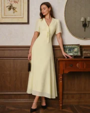 Yellow V Neck Tie Tunic Maxi Dress - Image 2