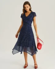 Navy Polka Dot Cap Sleeve Midi Dress - Image 3