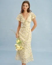 Yellow V Neck Lace Floral Maxi Dress