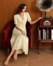 Yellow V Neck Tie Tunic Maxi Dress - Image 4