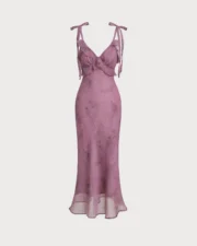 Purple Floral Ruffle Tie Strap Midi Dress - Image 3