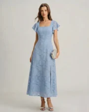 Blue Floral Square Neck Midi Dress - Image 2