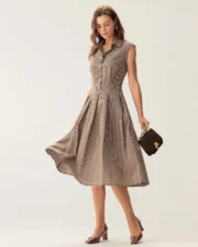 Brown Plaid Button Pleated Midi Dress - Image 4