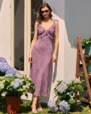 Purple Floral Ruffle Tie Strap Midi Dress - Image 2
